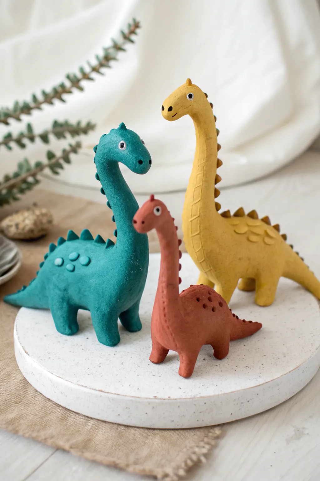 Minimalist polymer clay dinosaur buddy trio in bold colors, a fun beginner-friendly project for boys