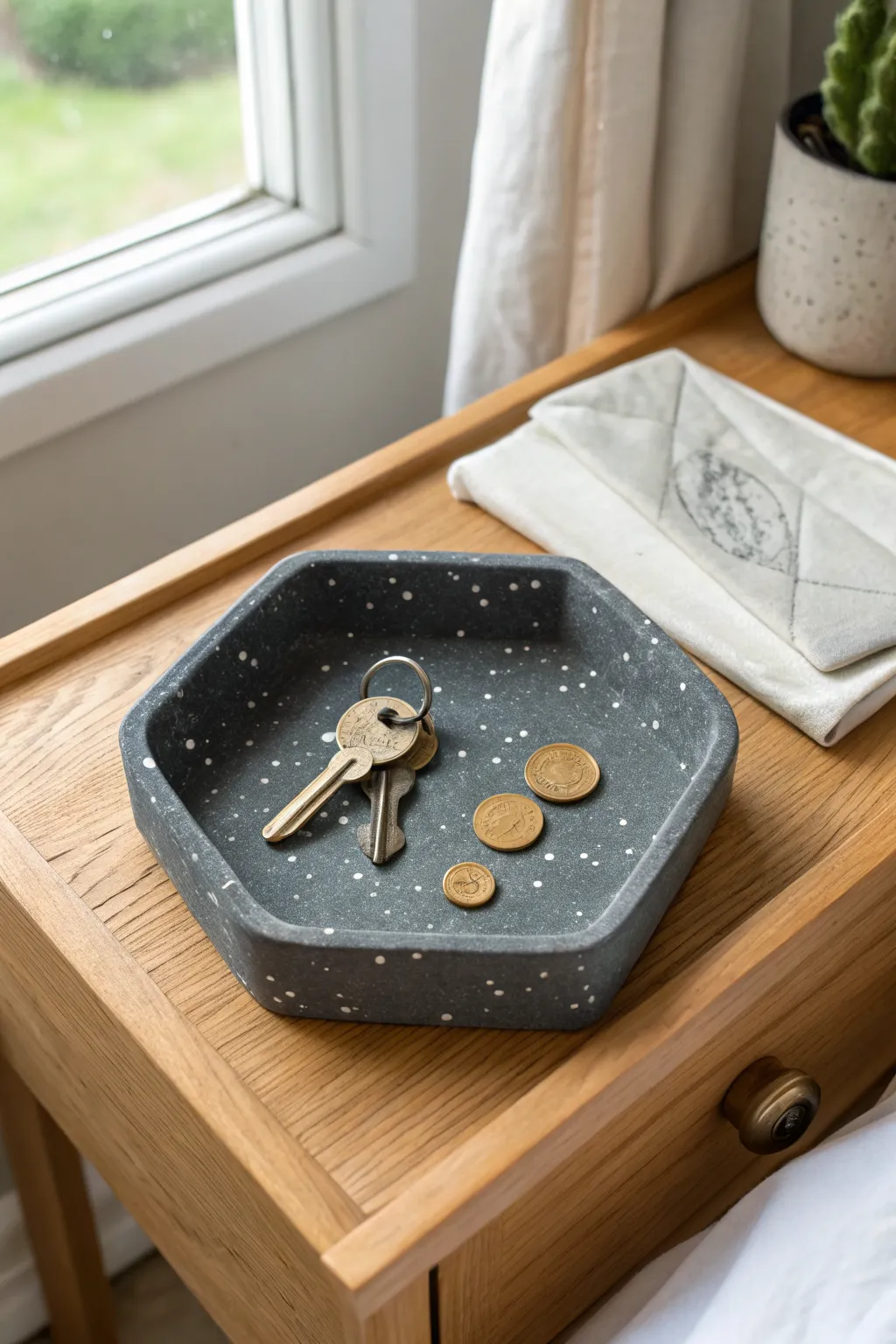 Deep gray speckled polymer clay valet tray keeps keys and coins tidy with minimalist style.