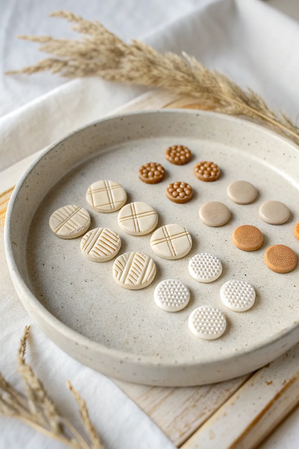 Simple textured polymer clay studs in soft neutrals, minimalist grid for easy DIY inspo.