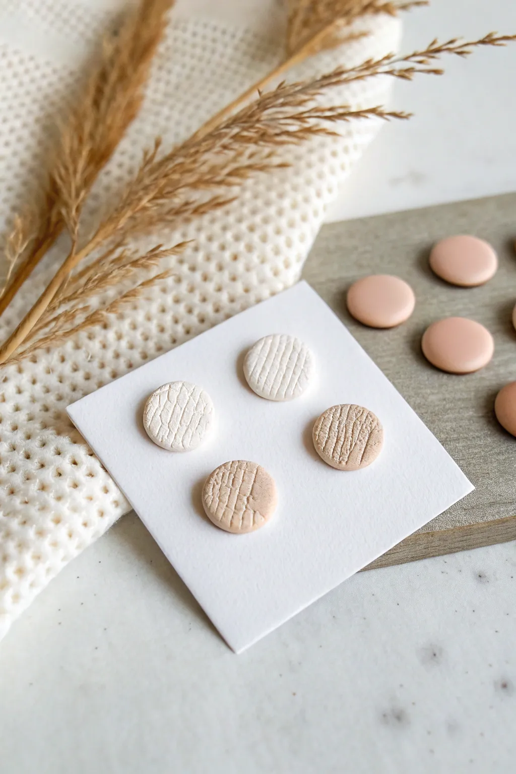 Minimal textured polymer clay studs in soft neutrals for effortless Scandinavian-boho style.
