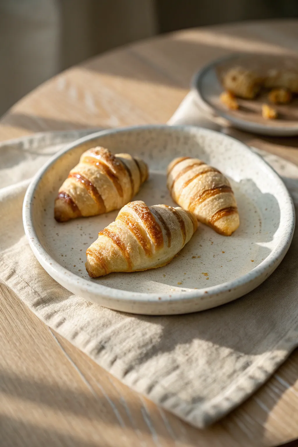 Tiny polymer clay croissants with golden browning, styled on a minimal plate in warm light.