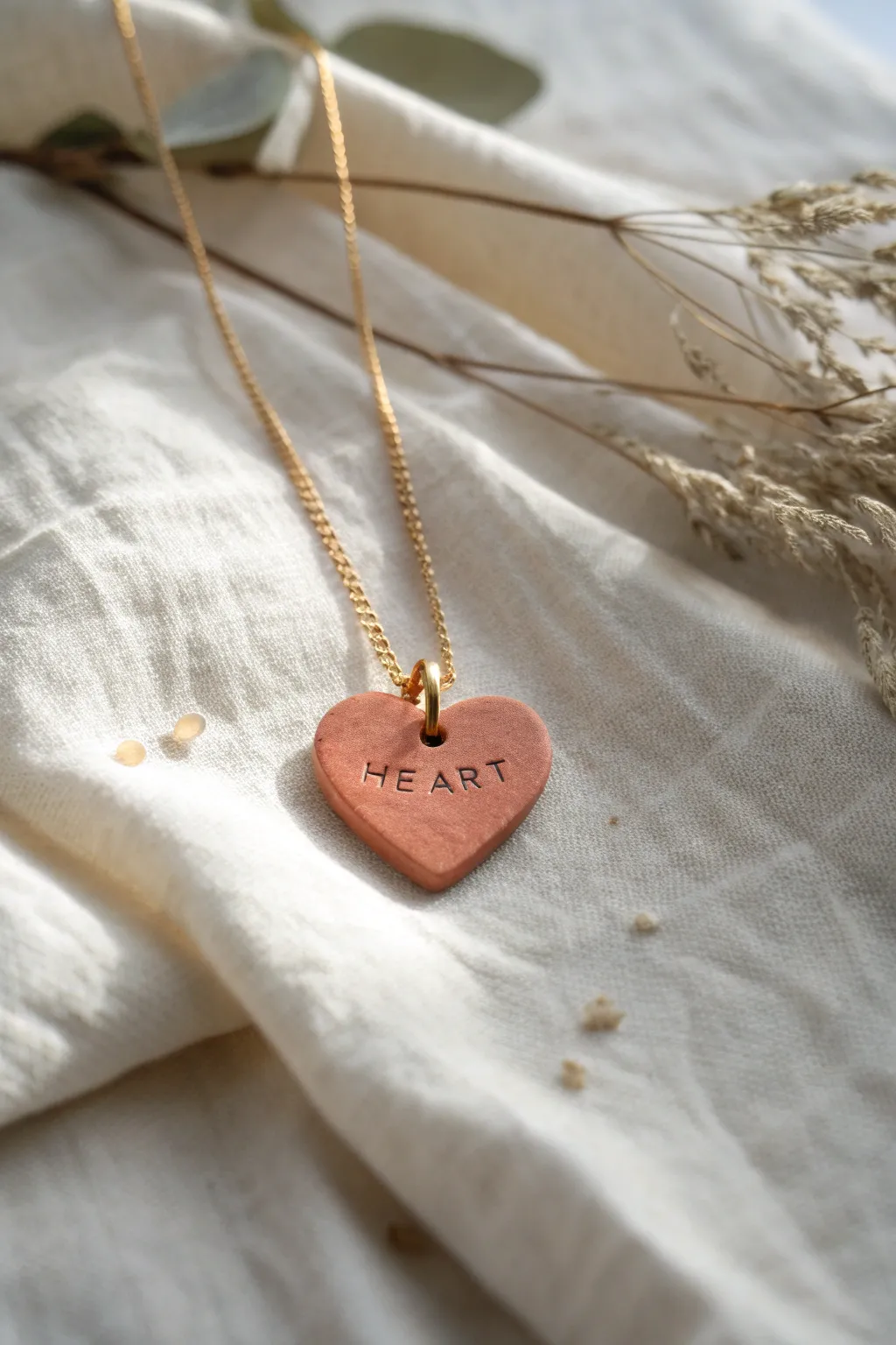 A minimalist heart pendant with a tiny initial, a sweet handmade polymer clay Mothers Day gift.