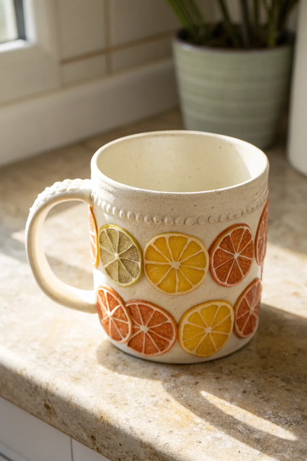 Sunny polymer clay citrus slice band gives this minimalist mug a fresh, handcrafted pop
