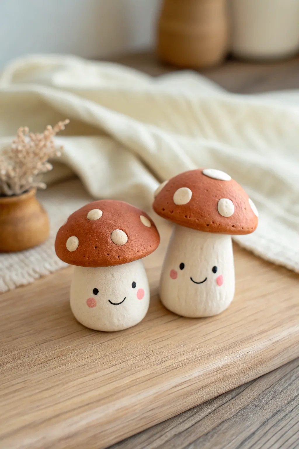 Two smiley polymer clay mushrooms with rosy cheeks, minimalist desk decor inspiration.
