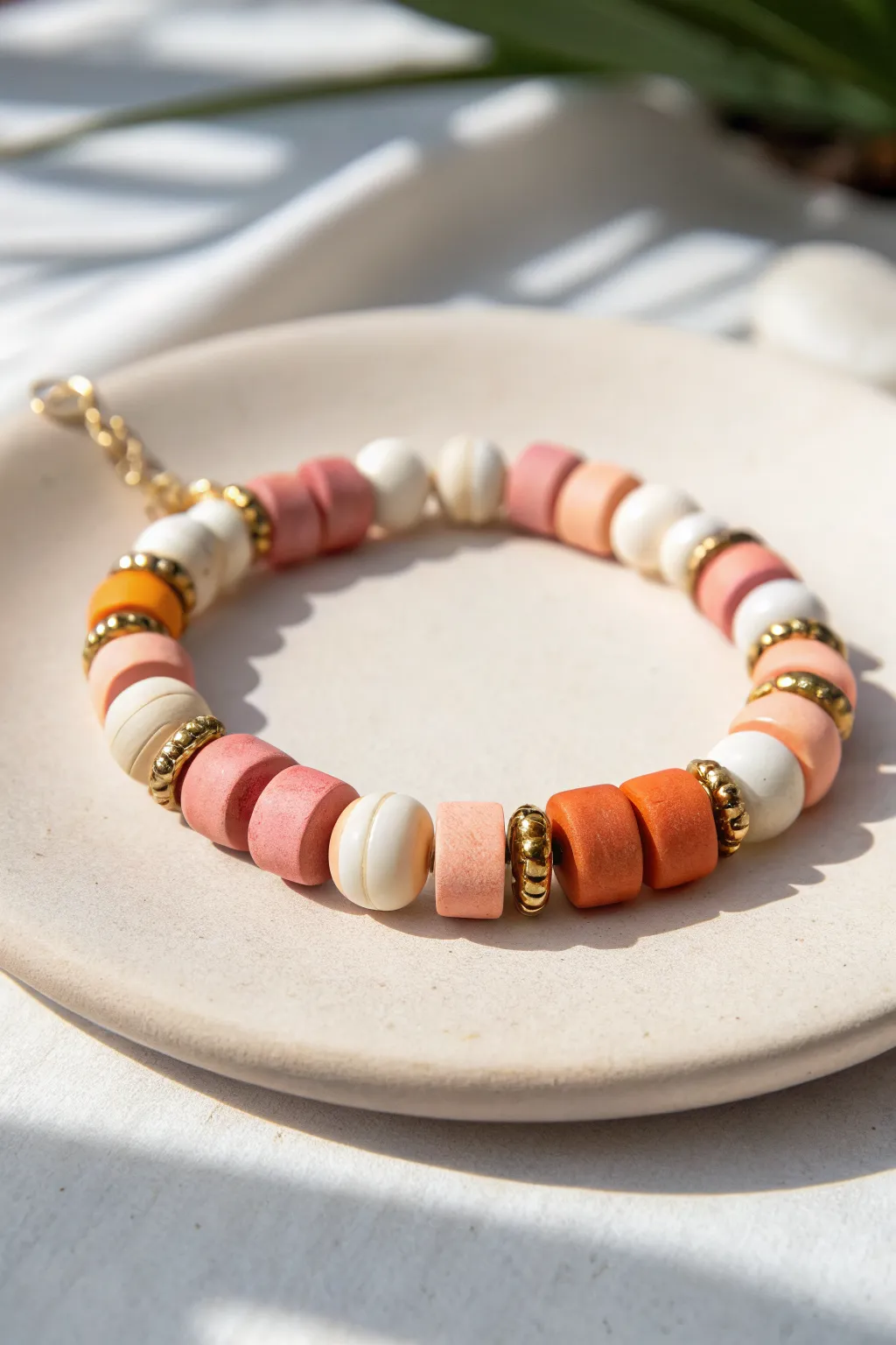 Bold color-block polymer clay bracelet with gold spacer pops for a clean modern boho look