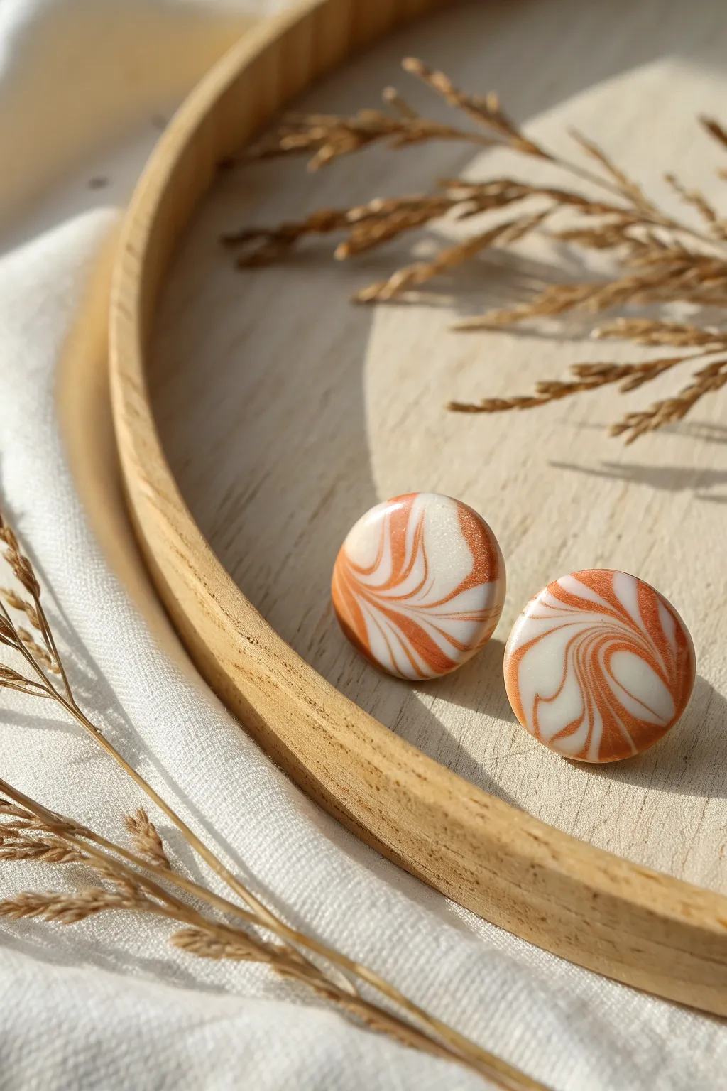 Minimal marbled polymer clay stud earrings in two earthy colorways for easy DIY inspiration.