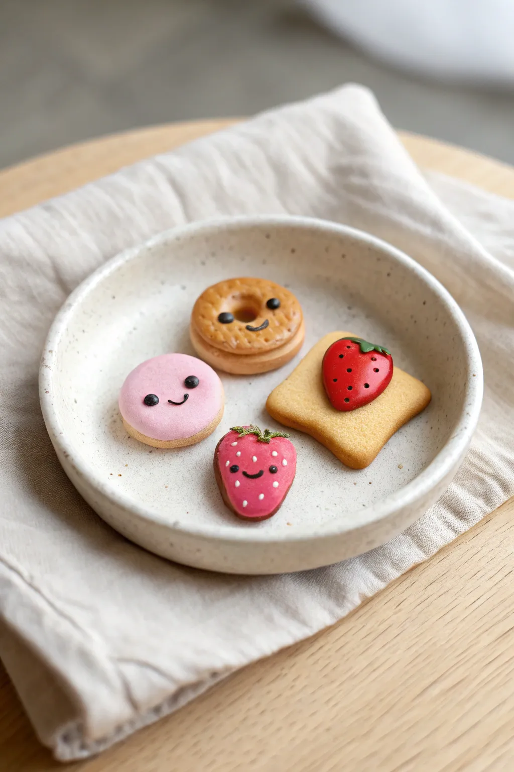 Tiny smiling clay treats on a minimalist saucer, sweet mini food sculpture inspiration.