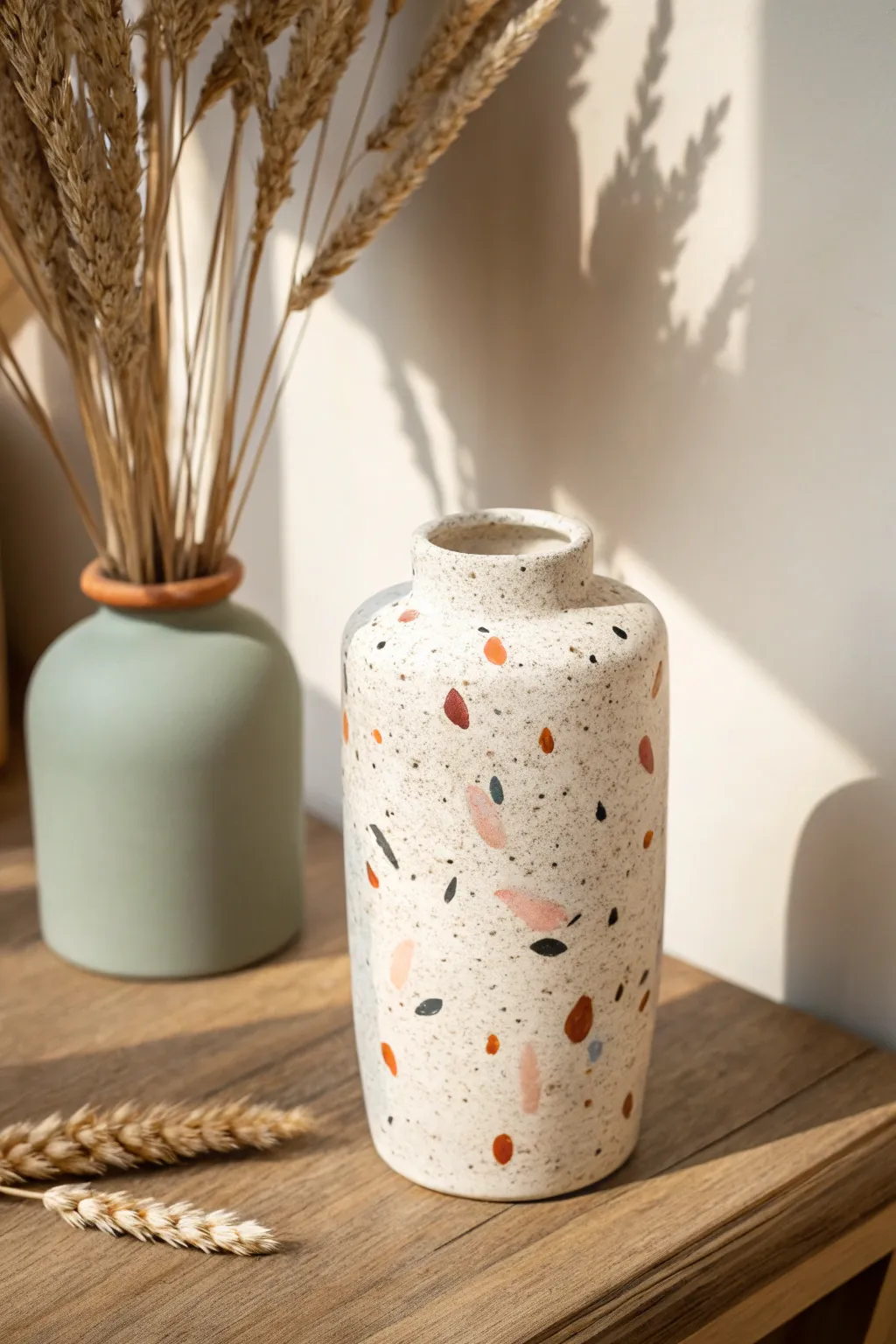 Soft terrazzo speckle polymer clay vase cover for a calm, modern centerpiece with dried wheat.