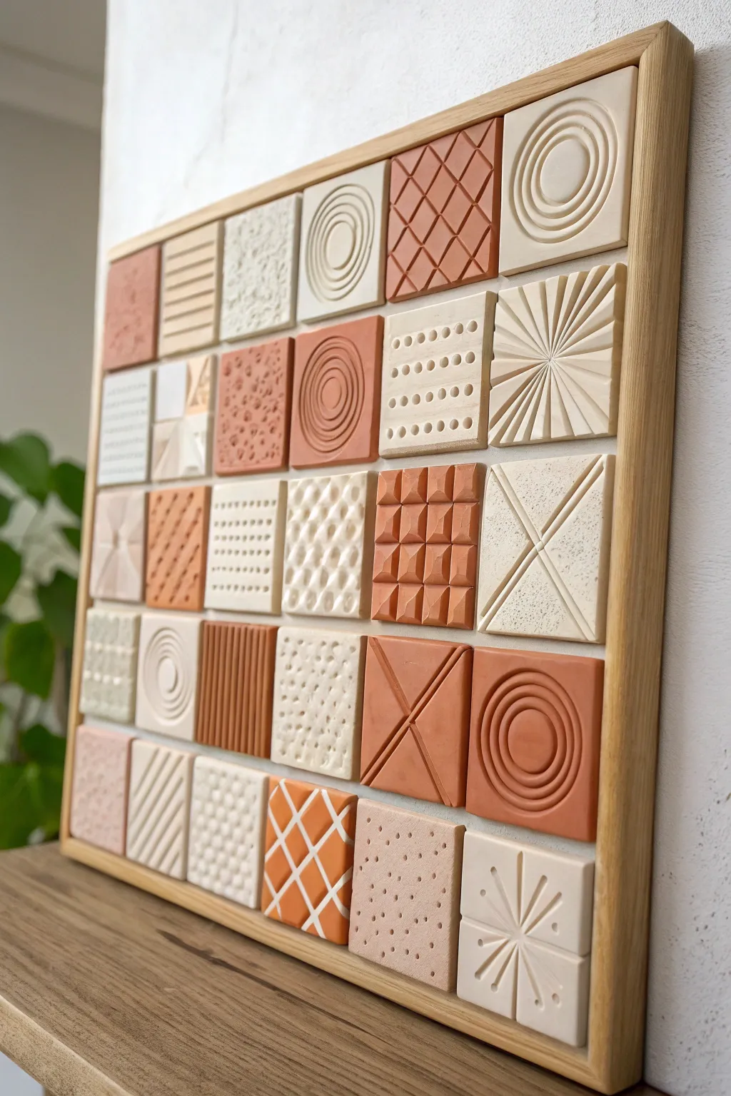 Geometric polymer clay tile grid panel in soft neutrals for easy, modern wall art.