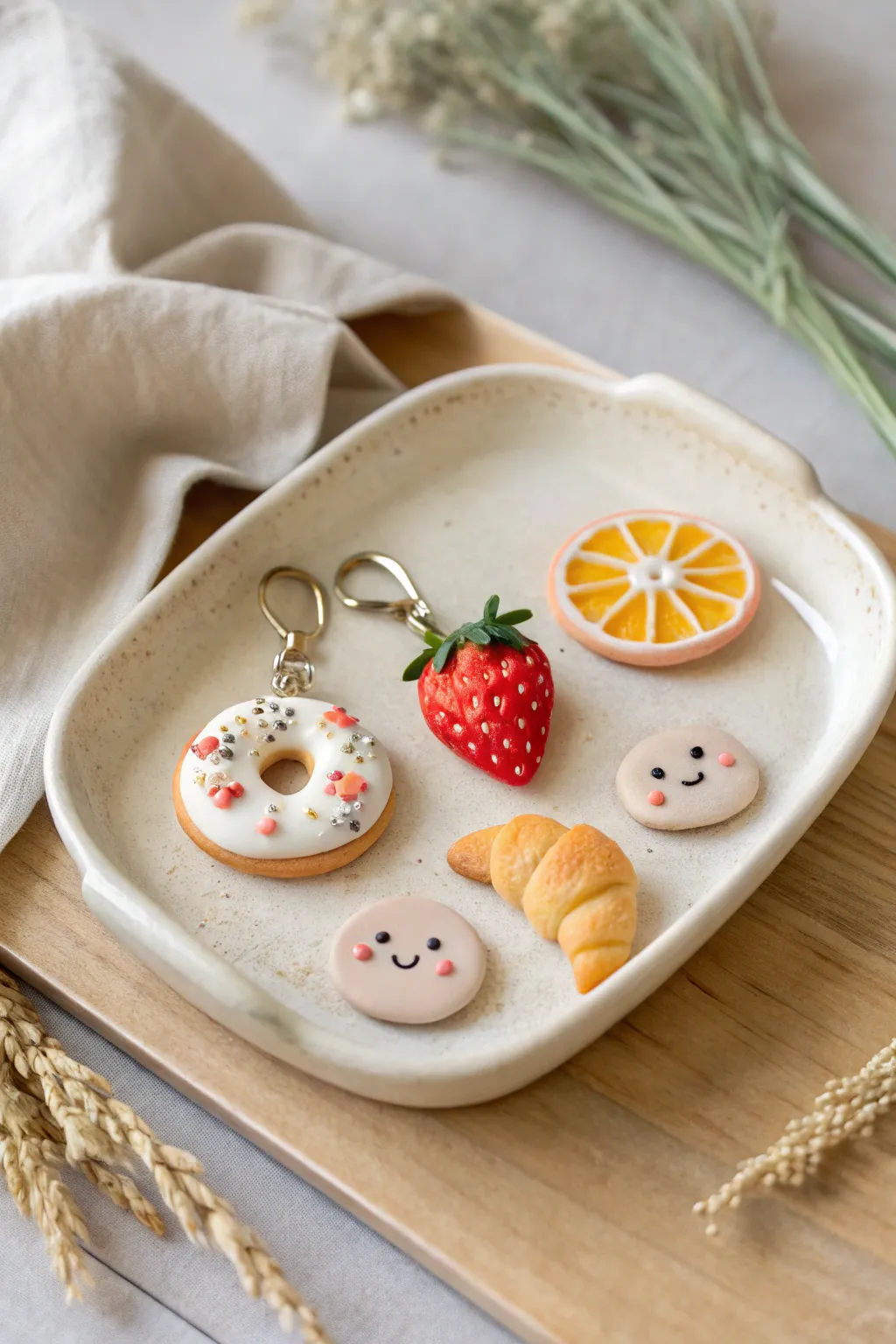 Sweet polymer clay mini food charms on a minimalist tray, perfect for cute DIY accessories