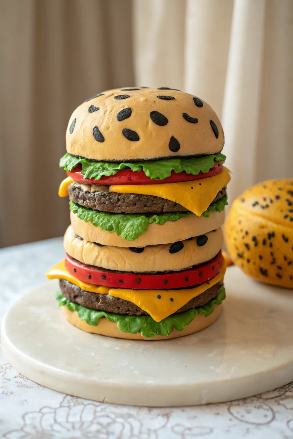 Playful pop art stacked burger clay sculpture in primary colors, bold black outlines, minimalist vibe.