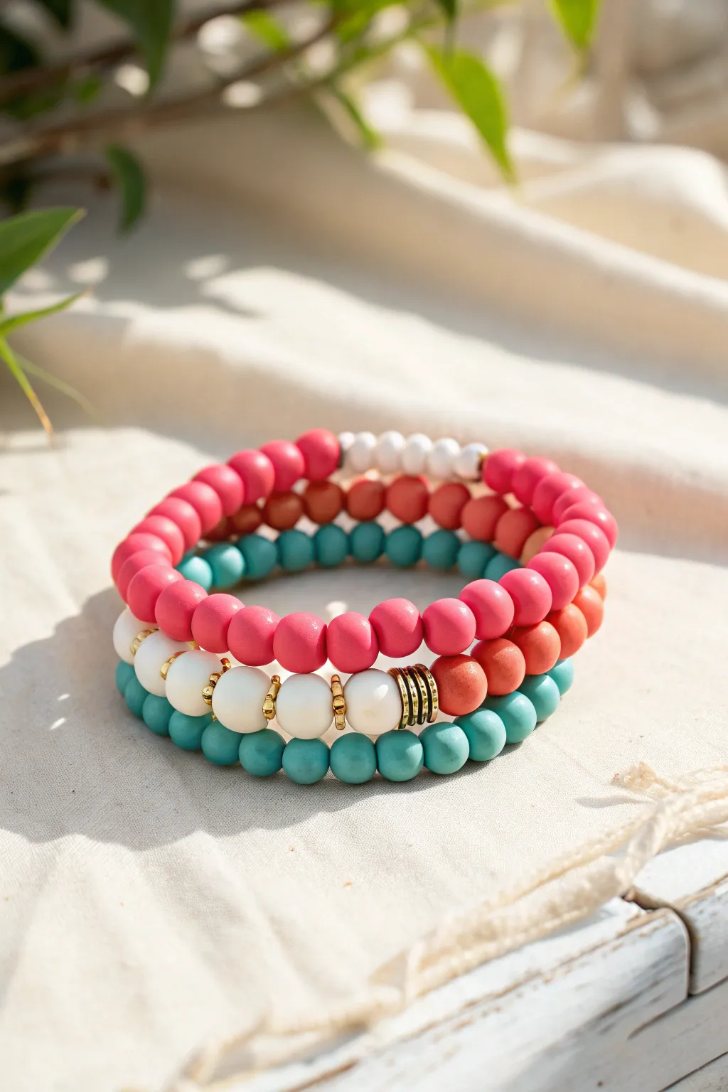 Preppy bright clay bead bracelets in pink, coral, and teal with crisp white and gold spacers