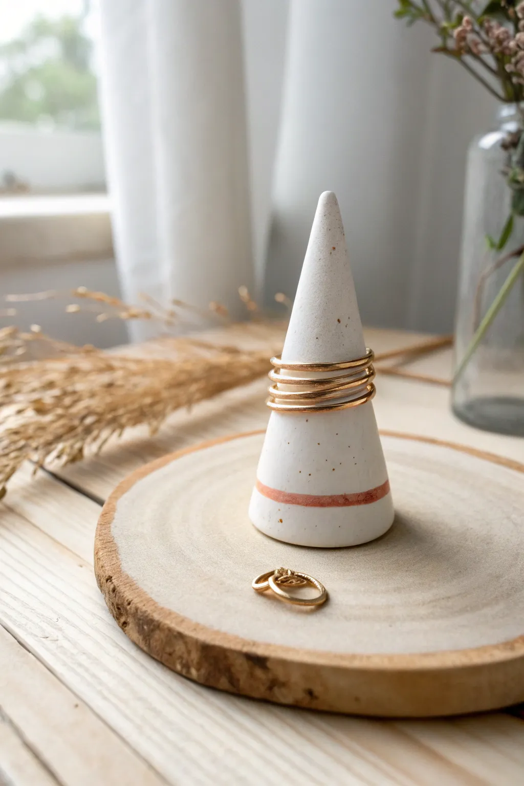 Minimal porcelain ring cone with a delicate stripe, styled simply on warm light wood.