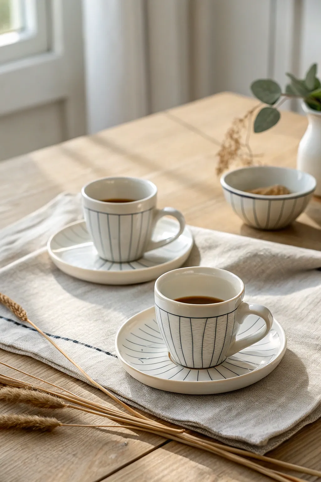 Matching porcelain espresso cups for two, minimal and cozy with a soft romantic morning vibe