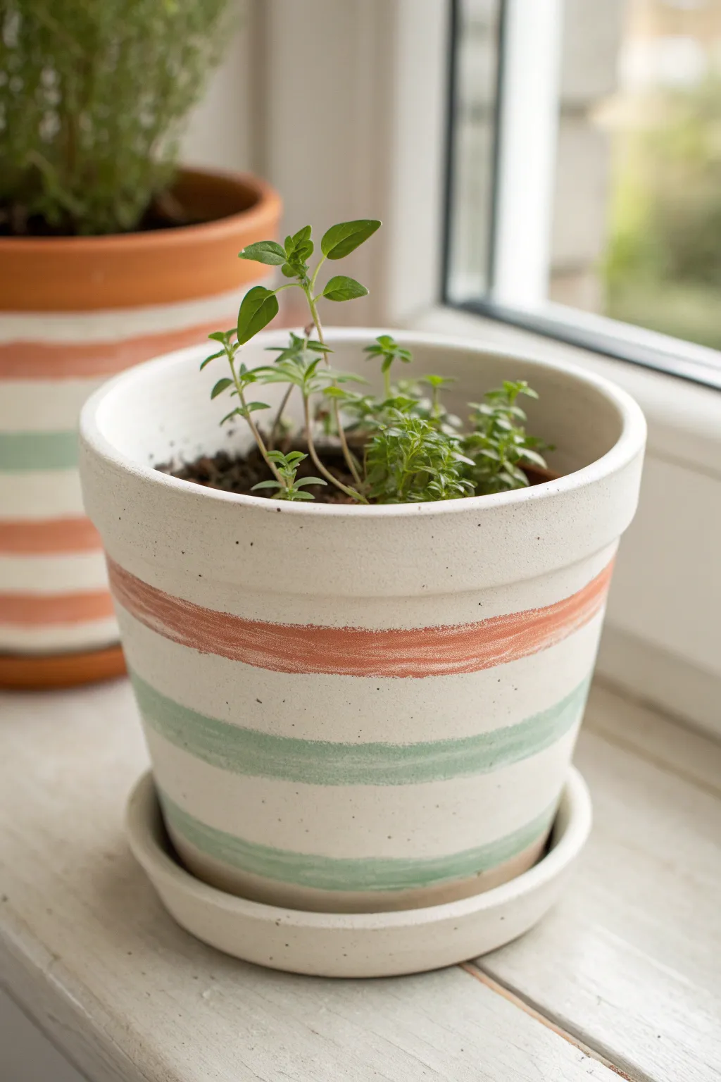 Modern pot painting idea: crisp striped rim in terracotta and sage for an easy herb planter
