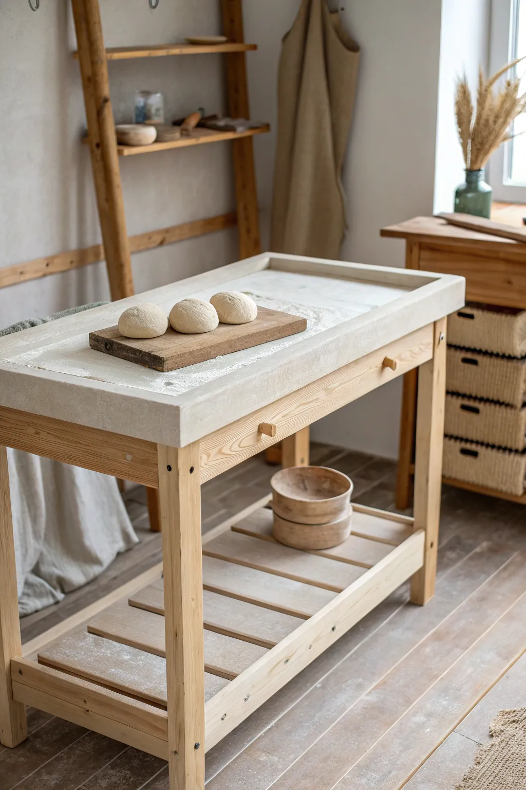 Minimal potters bench with built-in wedging surface and ready clay loaves in soft natural light
