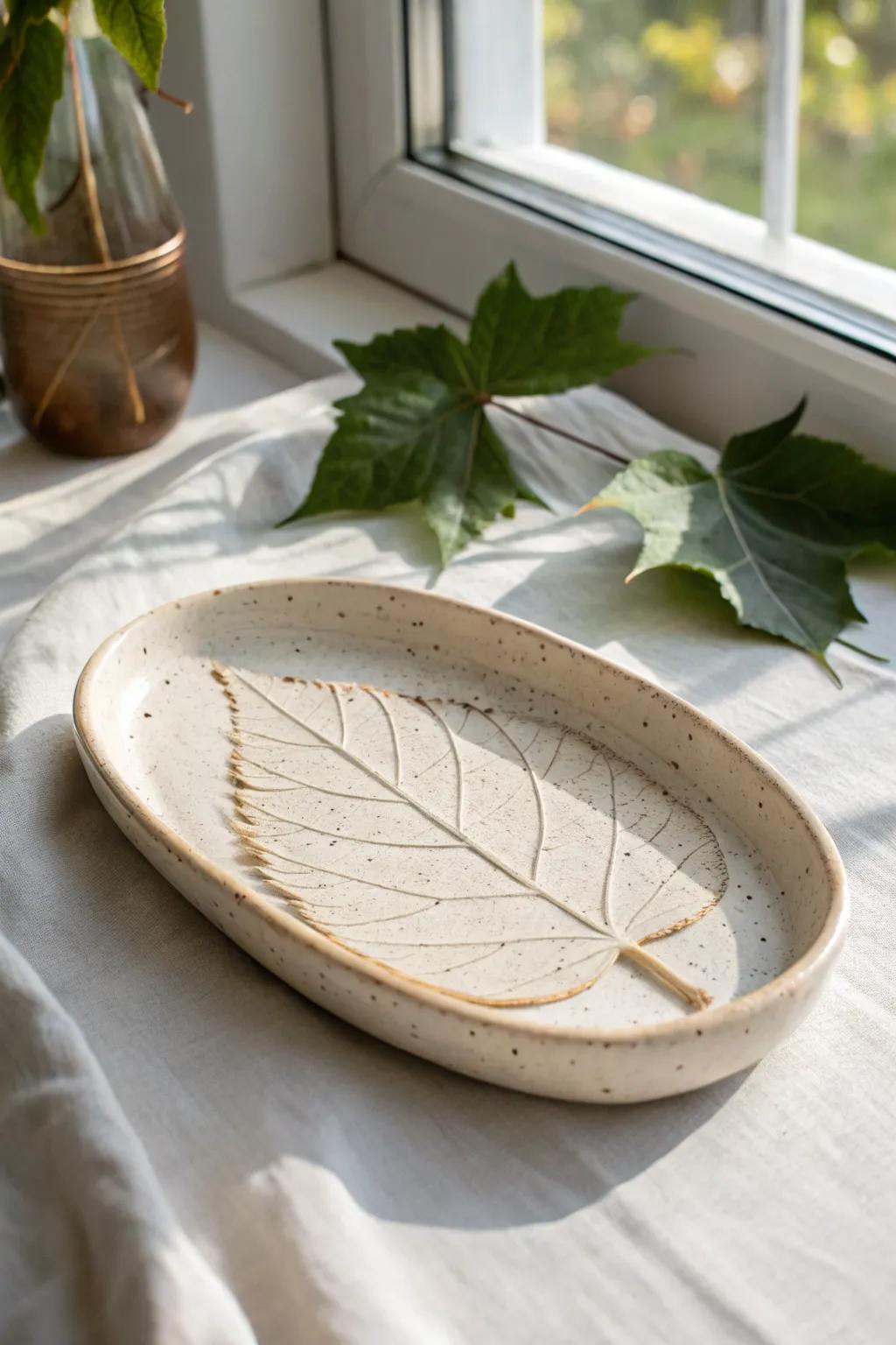 Minimal leaf-imprint trinket tray in soft clay tones, a simple nature-inspired pottery idea.