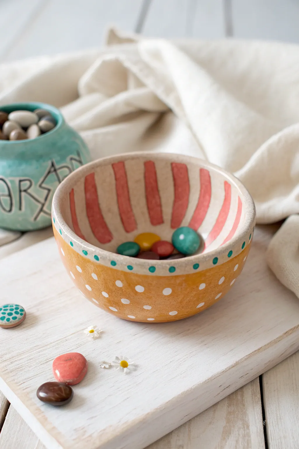 Painted pinch pot treasure bowl with cheerful patterns, perfect for kids to stash tiny finds.