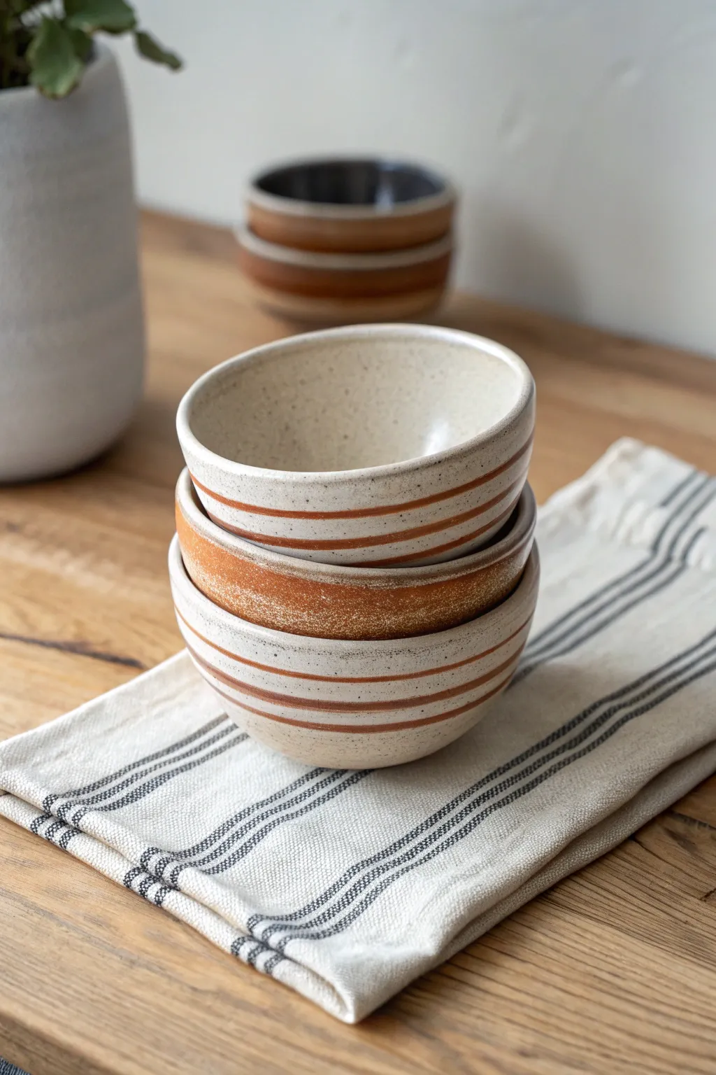 Clean striped bowls stacked on warm wood with linen, a minimalist boho pottery design idea
