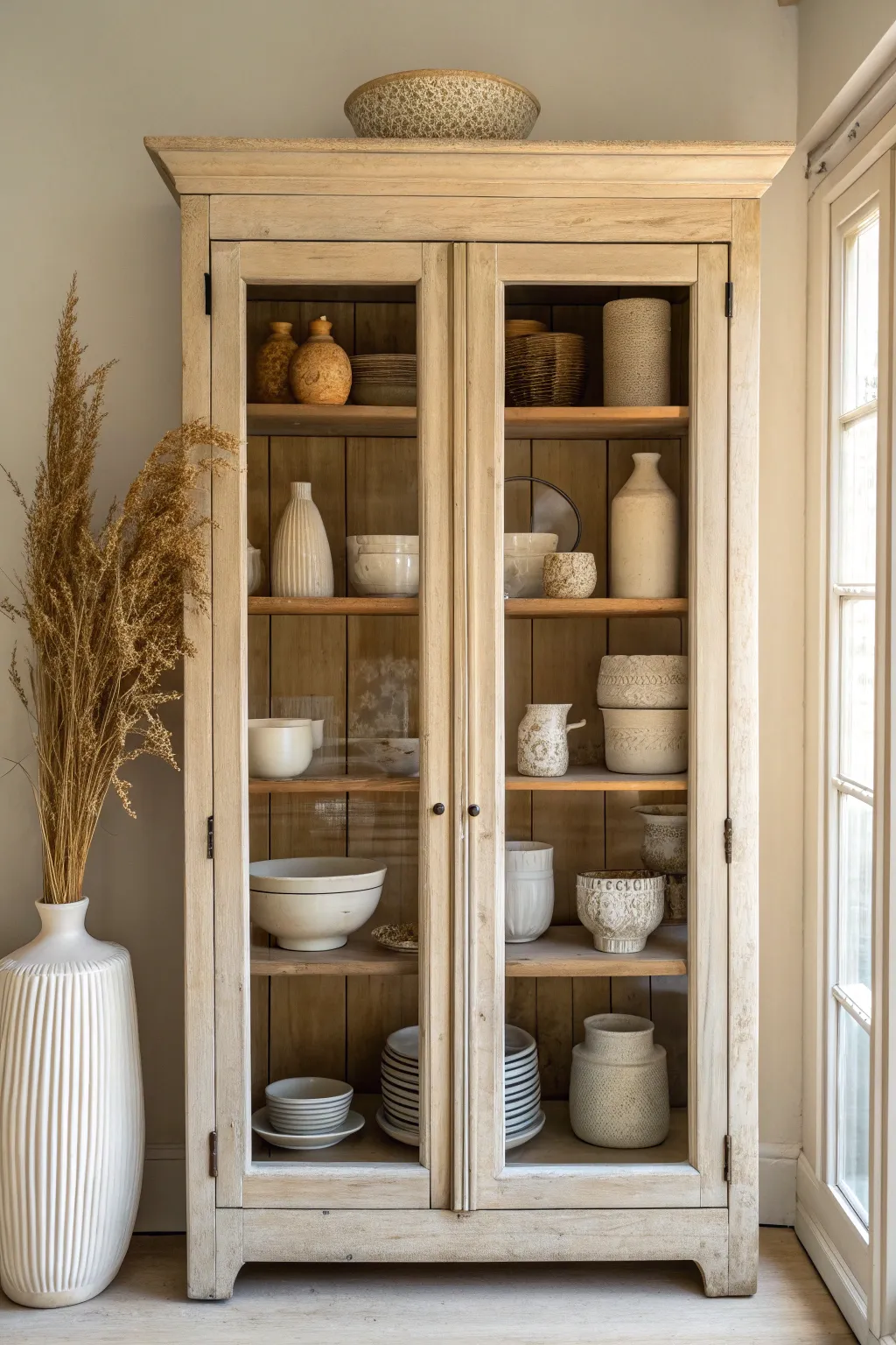 Style a glass-front hutch with airy spacing so pottery glazes pop in soft neutral light.