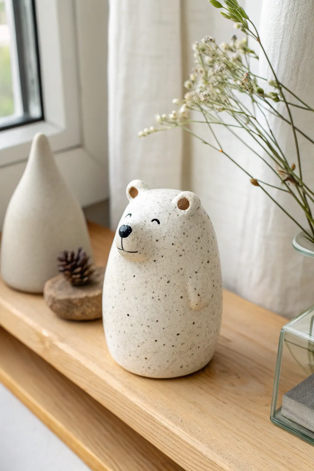 Beginner pinch pot bear with a matte finish, styled on a cozy minimalist shelf