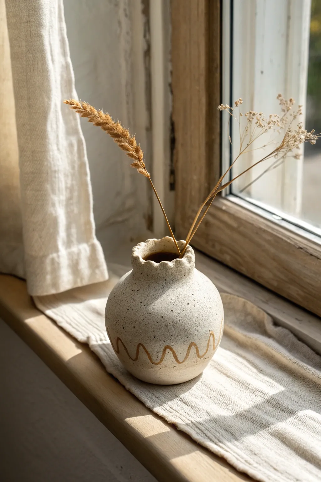 Tiny pinch pot bud vase with a wavy rim, perfect for a single dried stem on your shelf