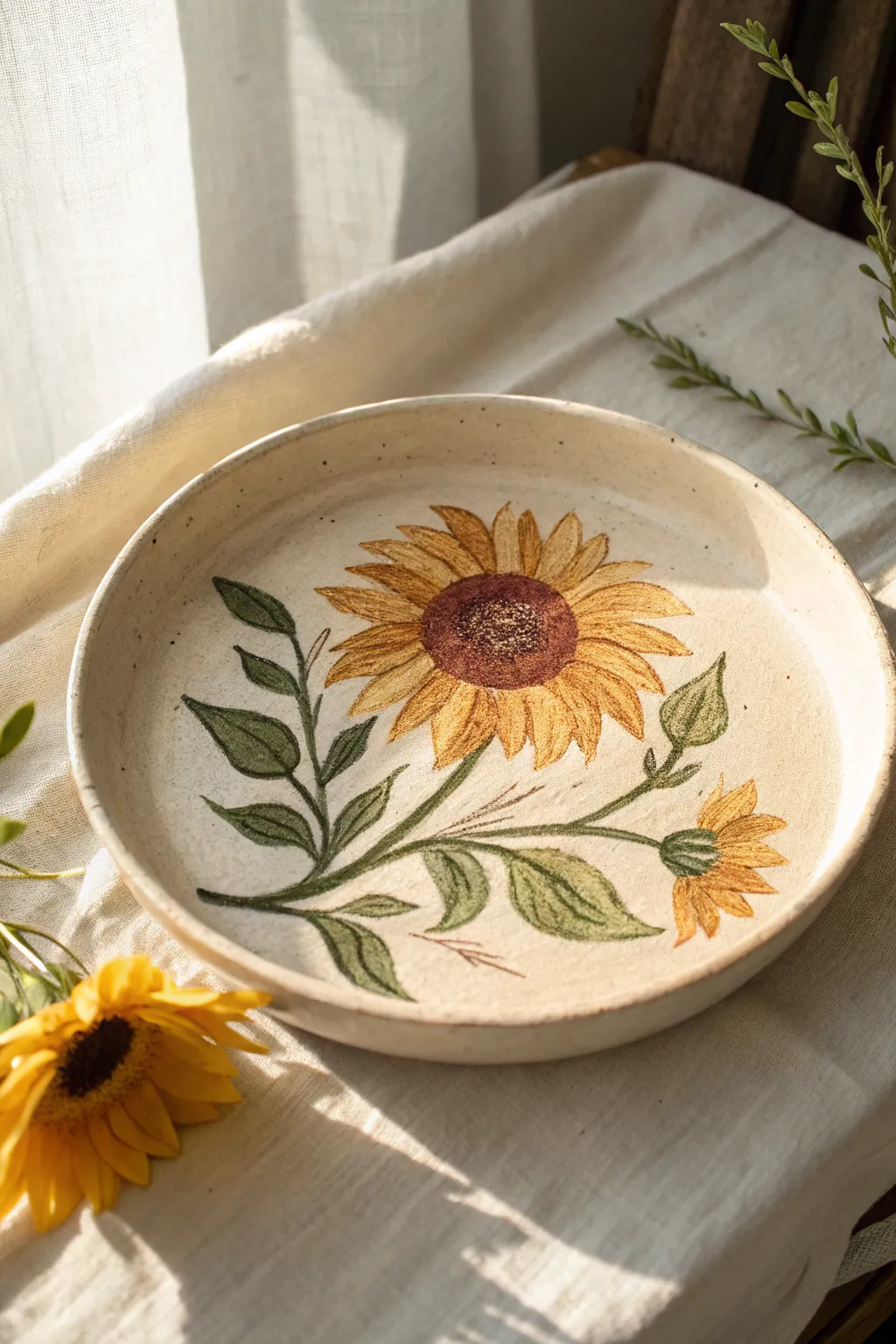 Cheerful sunflower plate with bold brown center and sunny petals, simple and craft-friendly.