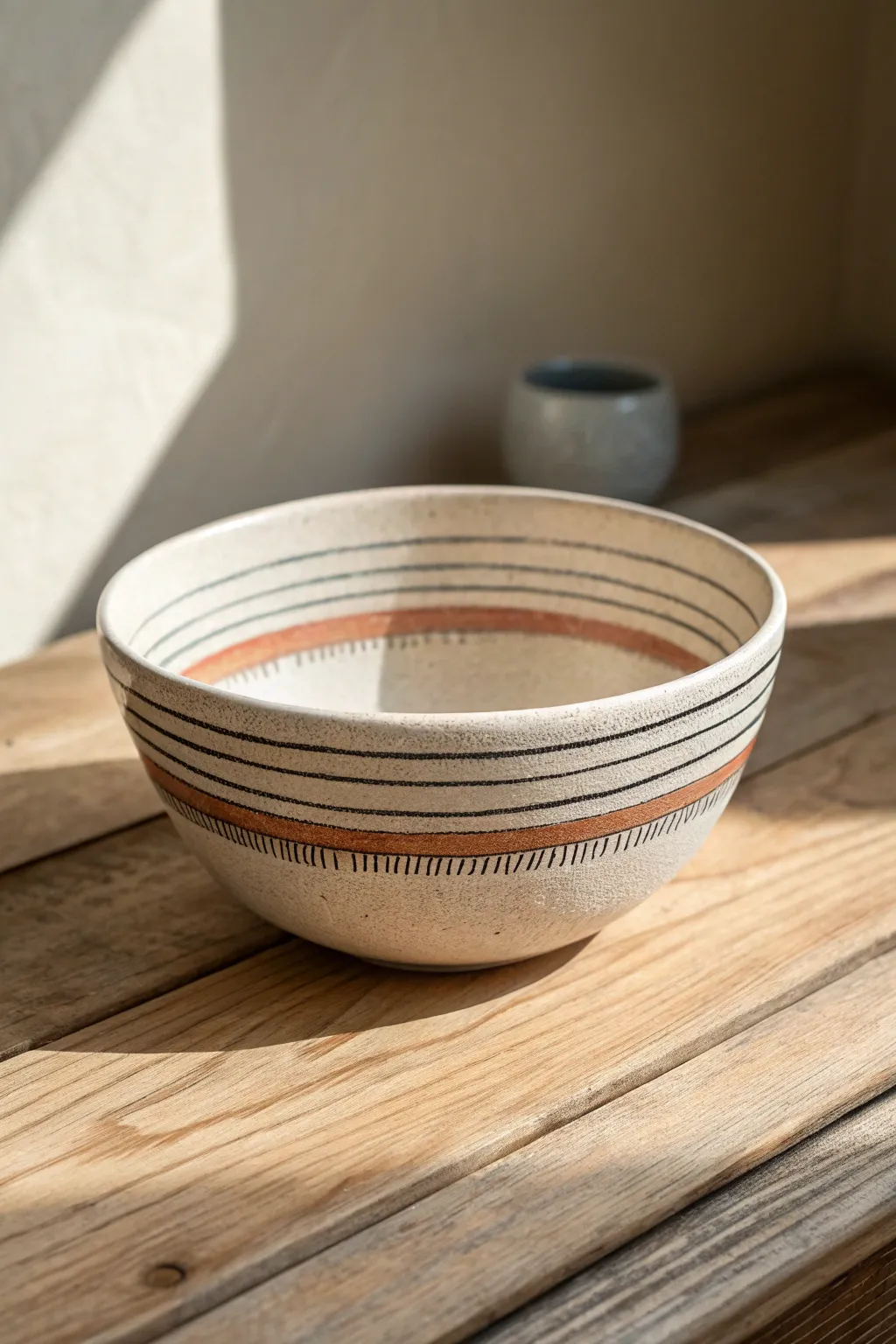 Minimal striped bowl in soft clay tones, proof that simple bands can look beautifully modern.