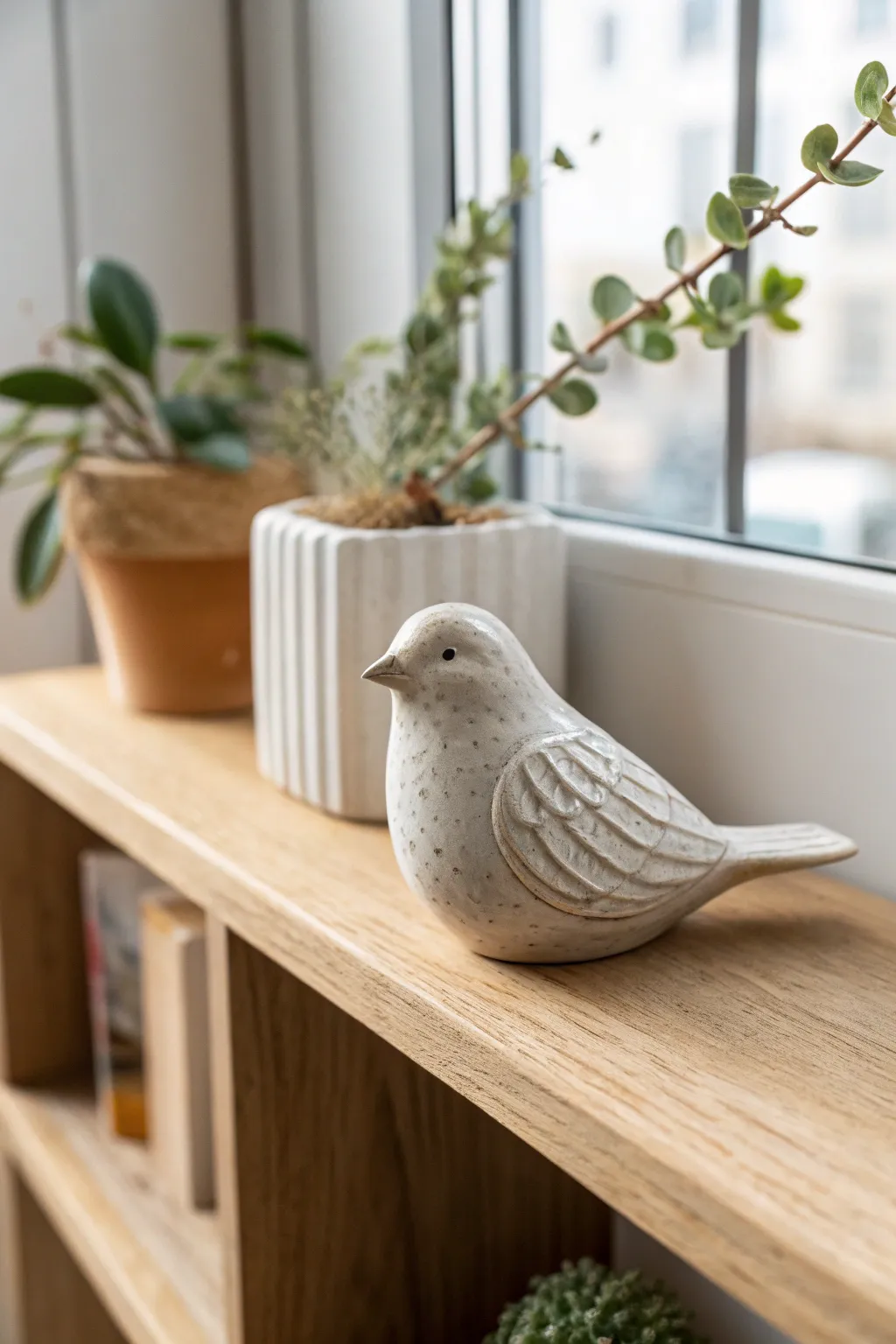 Tiny matte-glazed bird sculpture perched on a shelf, bringing calm Scandinavian-boho charm.
