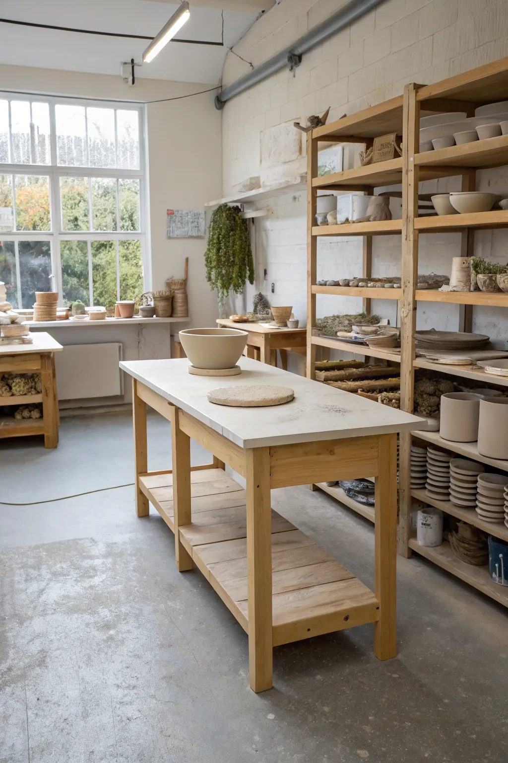 A calm zoned studio: wet wheel area and clean glazing table separated with simple, clear boundaries