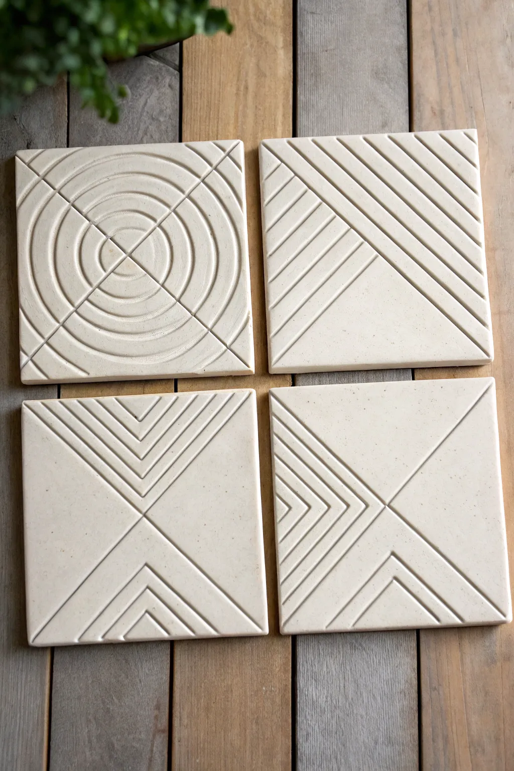 Modern geometric linework tiles in warm white and charcoal, simple DIY friendly pottery decor.