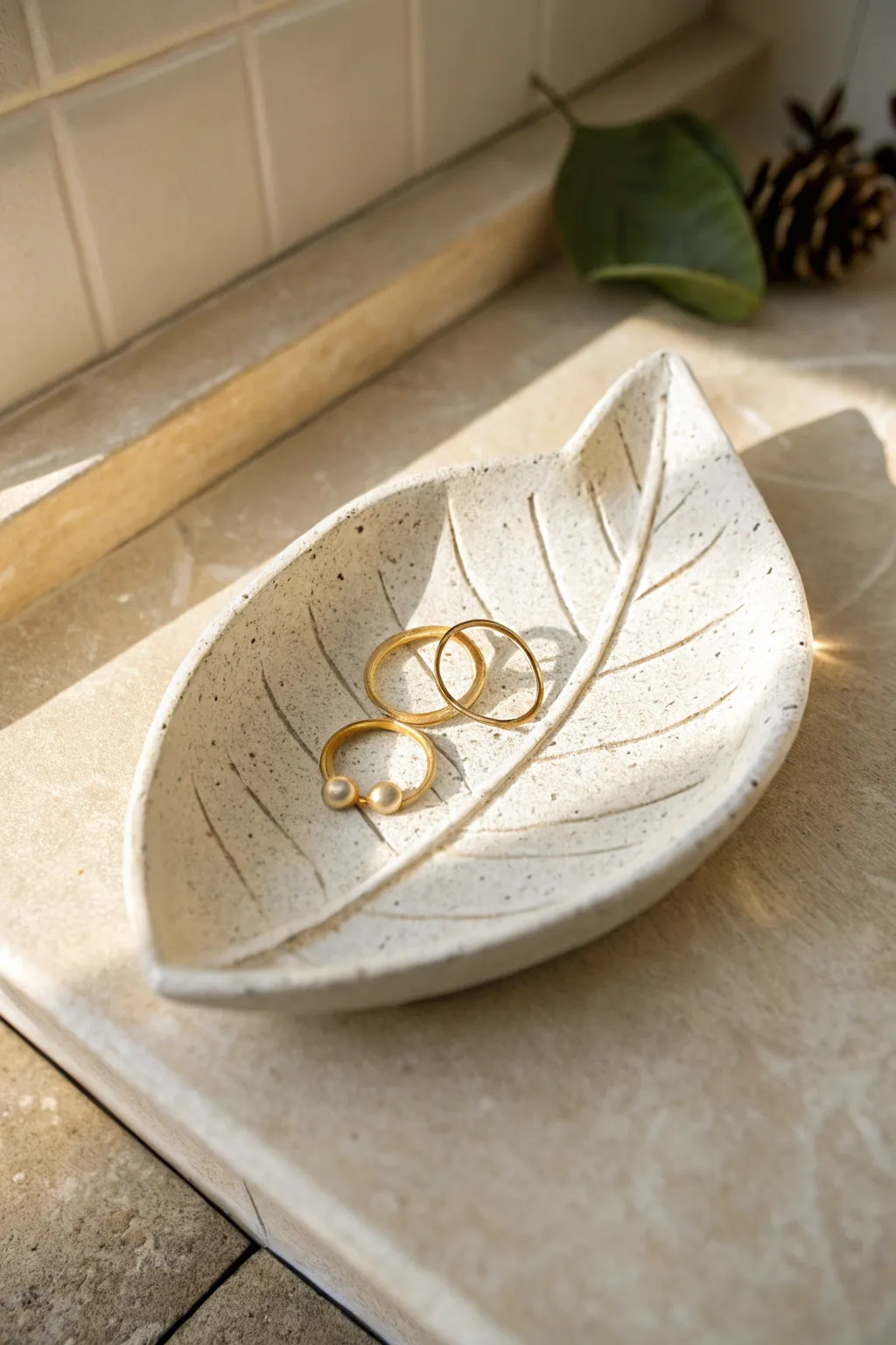 Minimal leaf-imprint ring dish in air-dry clay, a calm bathroom catchall with clean contrast.
