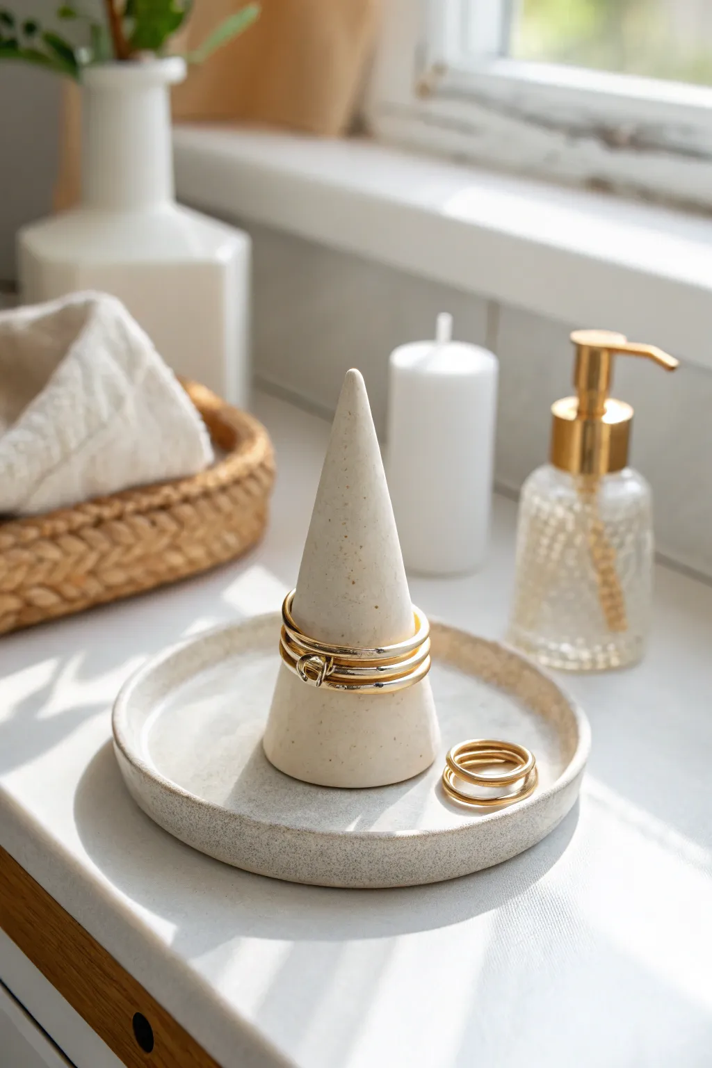 Simple clay ring cone on a serene vanity, minimalist and boho, made for everyday ease.