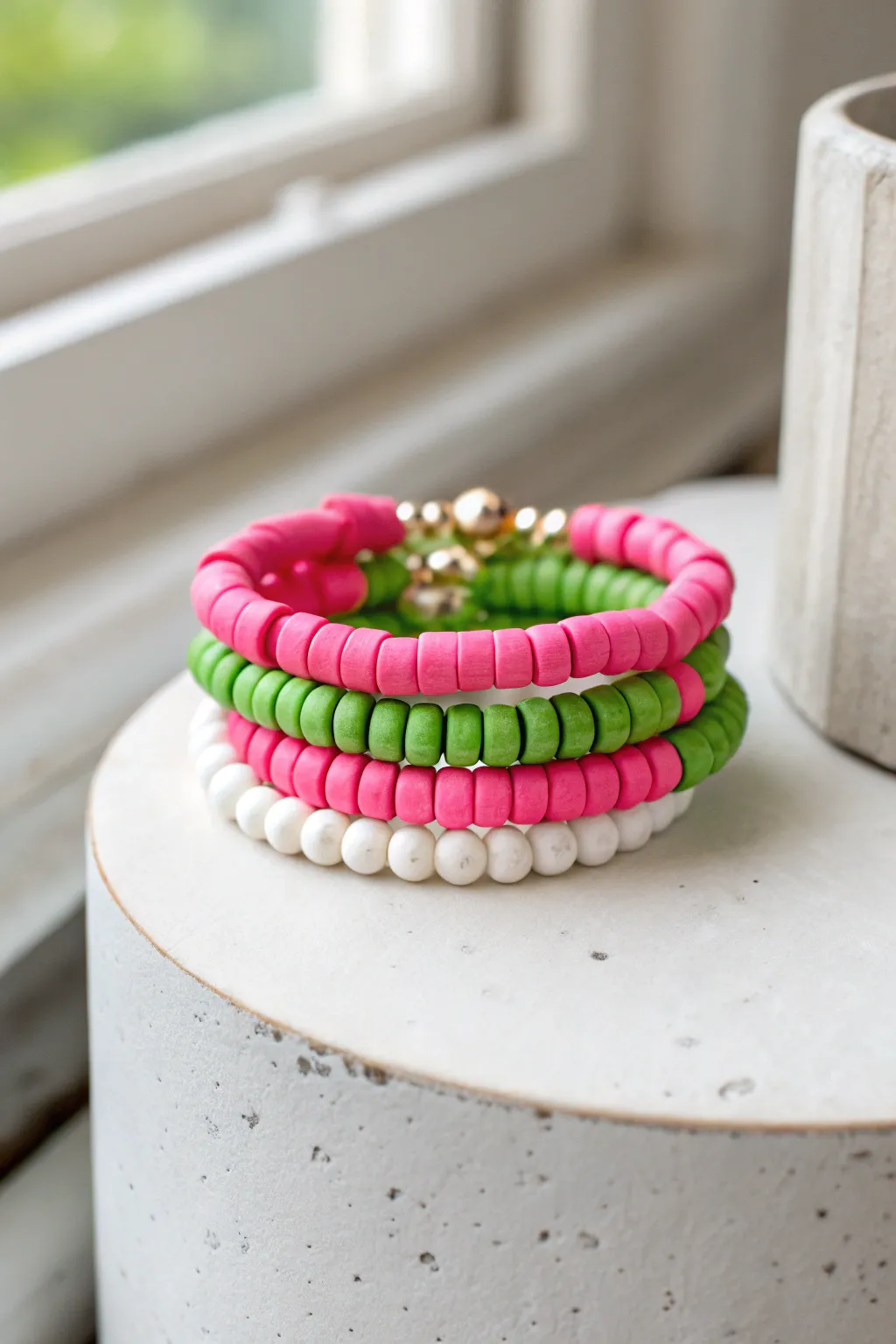 Hot pink and grassy green clay heishi stack for a crisp preppy color block look.