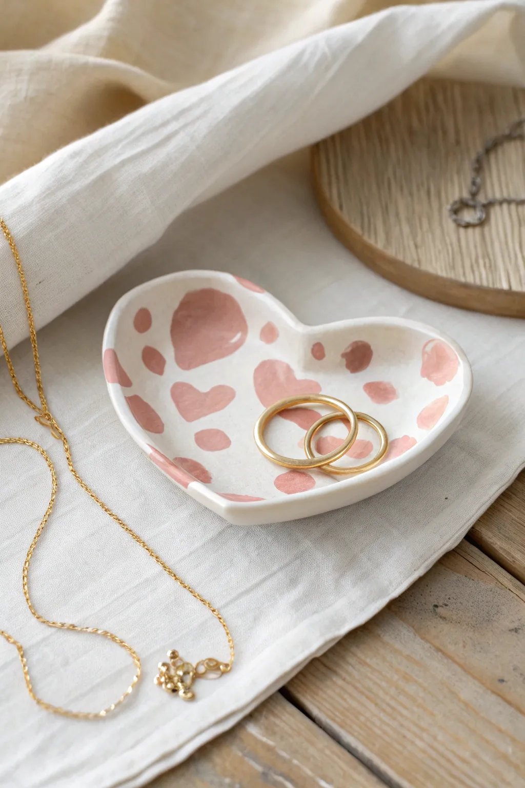 Preppy cow-print heart ring dish in blush tones, styled with simple gold rings and chain