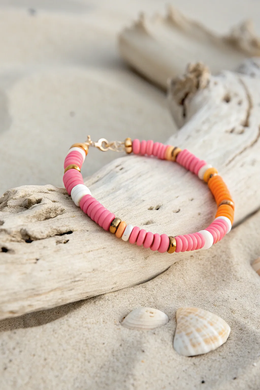 Hot pink and orange Heishi stripes bring a preppy sunset vibe to this beachy clay bead bracelet.