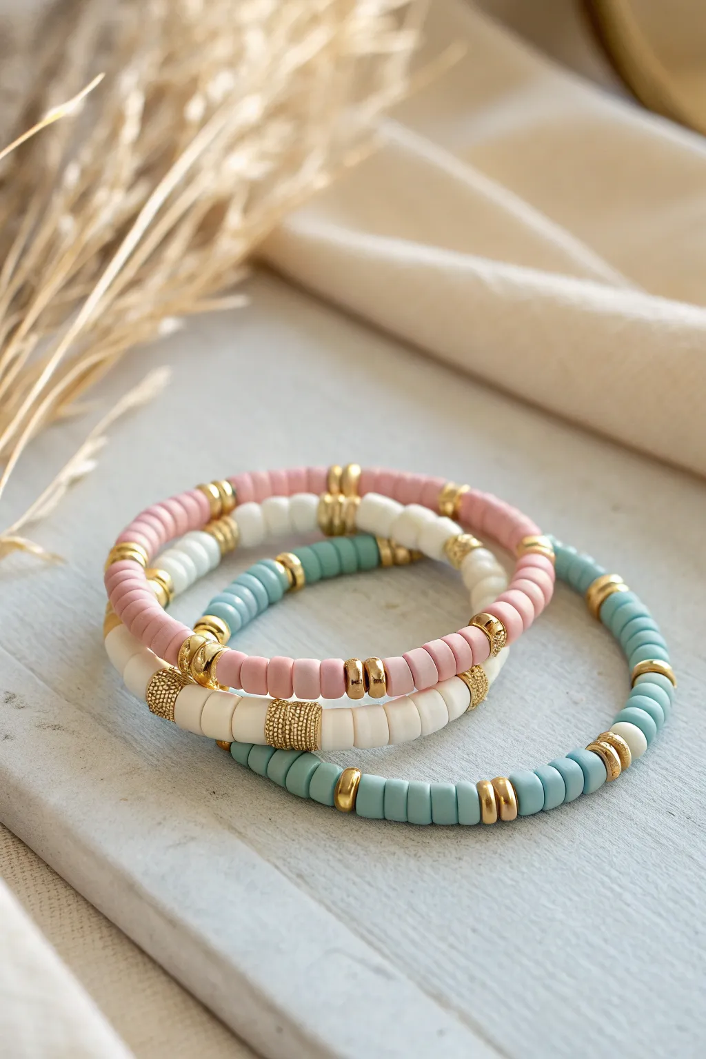 Crisp color-blocked heishi clay bead bracelets with clean gold spacers on a neutral backdrop.