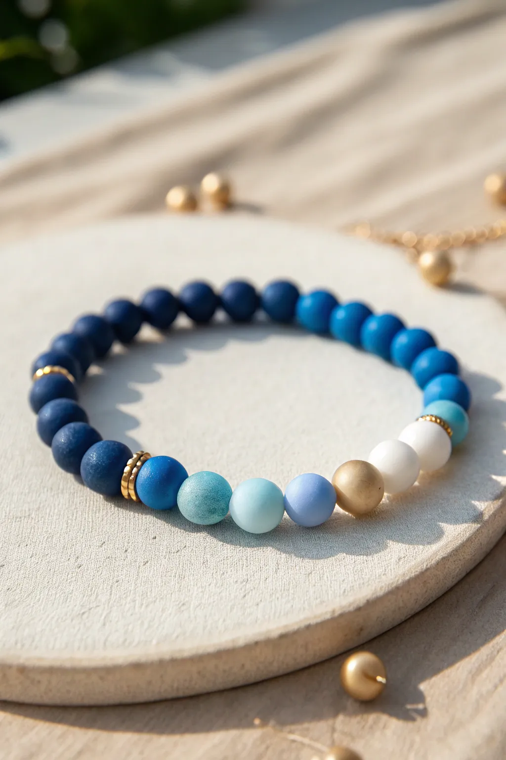 Ocean ombré clay bead bracelet in crisp blues, a clean preppy look with coastal calm.