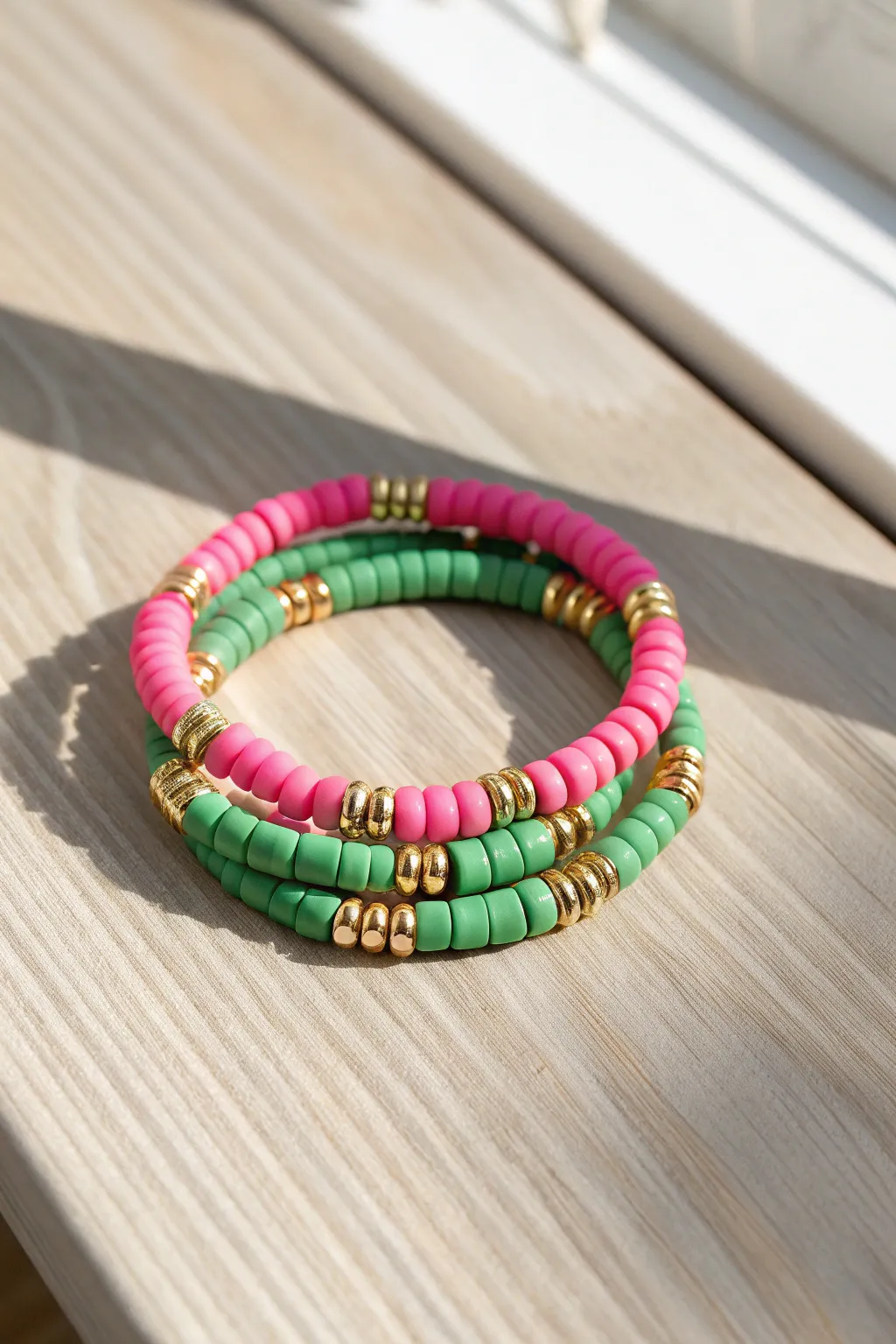 Preppy pink-and-green color block heishi bracelets with sleek gold spacers on light wood.