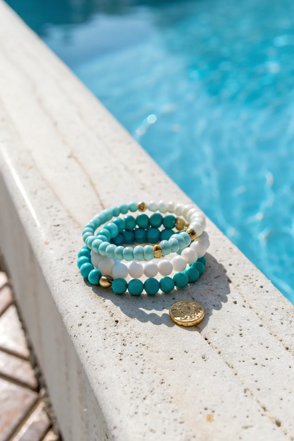 Aqua and white clay bead bracelet stack for pool days, crisp, preppy, and handmade summer vibes