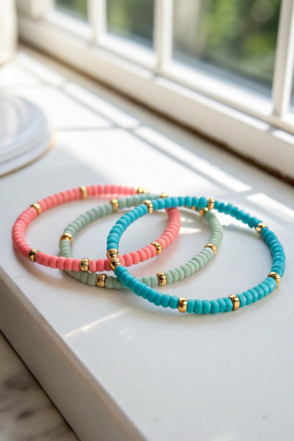 Preppy color-block heishi bracelets with tiny gold spacers, styled clean and bright.