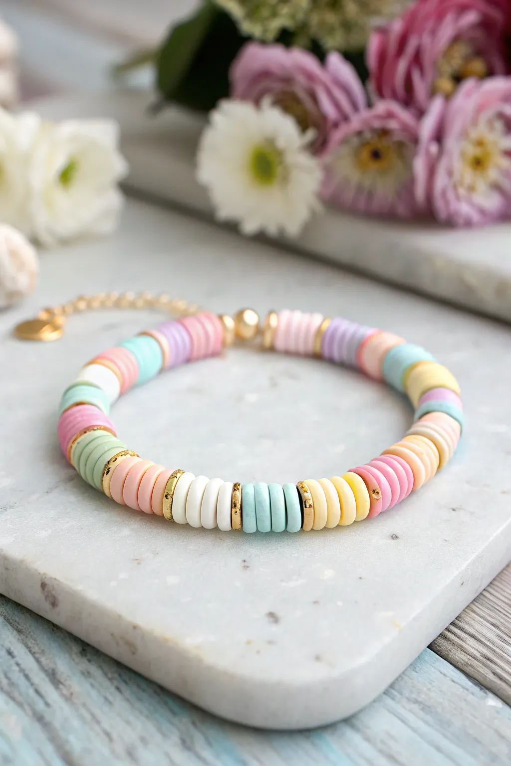 Pastel rainbow clay heishi bracelet with crisp white breaks, minimal and preppy perfection.