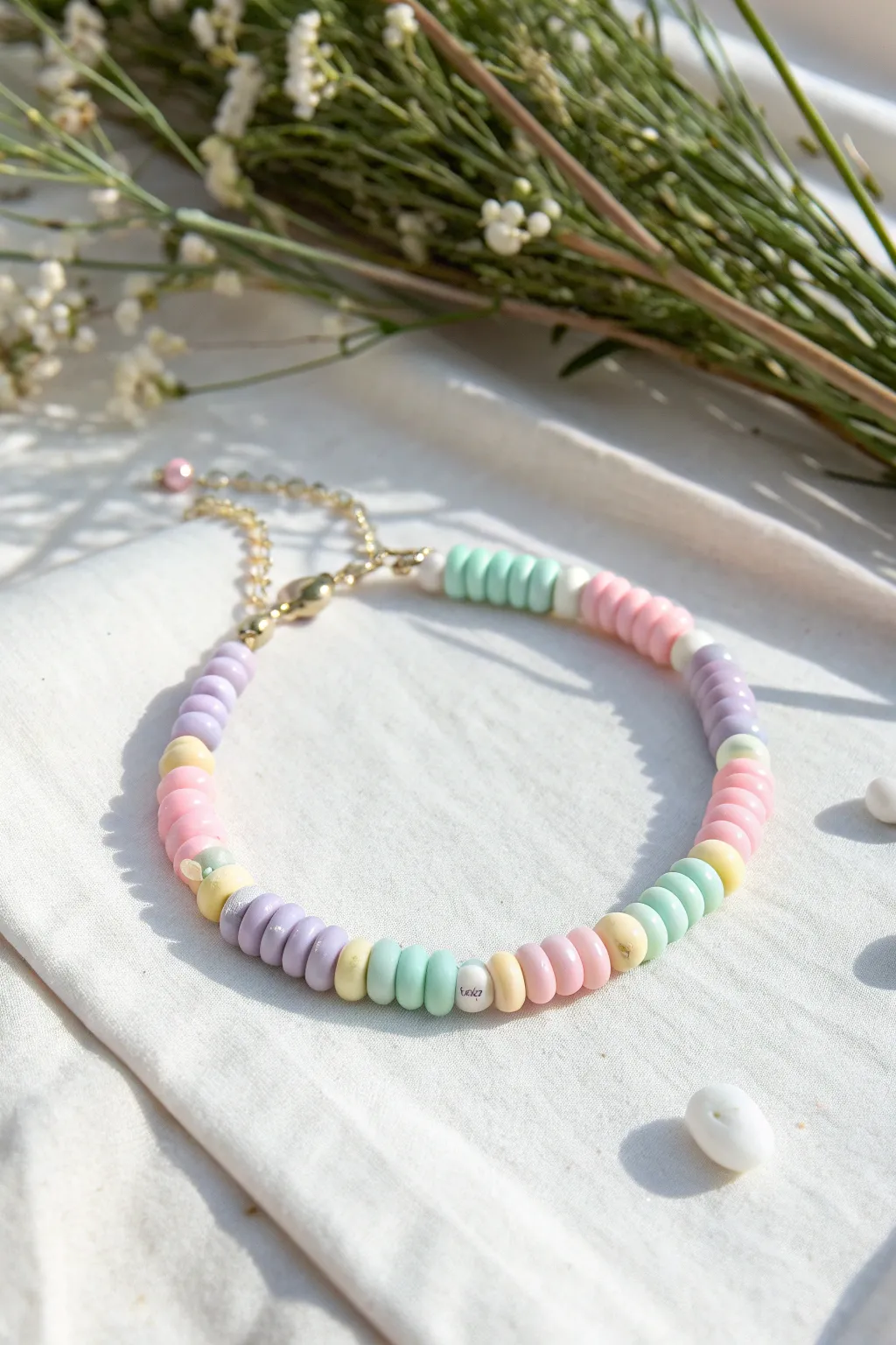 Pastel sorbet heishi clay bracelet with white accents, styled on airy linen for preppy charm