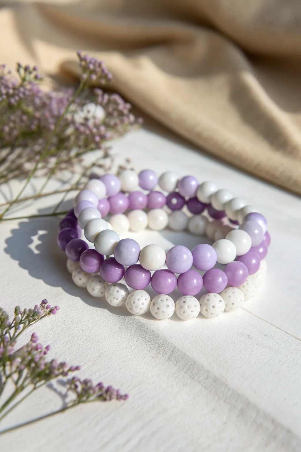 Lavender and white clay bead stack that feels preppy, minimal, and softly handcrafted