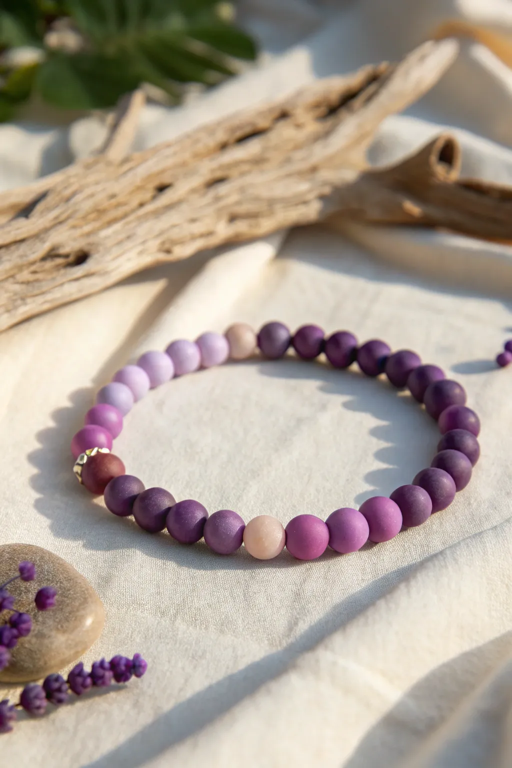 A dreamy purple ombre clay bracelet, fading from deep plum to lilac in soft minimalist style