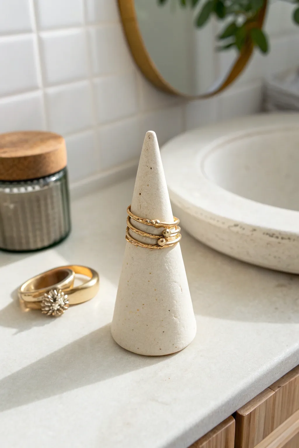 Minimal cone ring holder from quick-dry clay, a chic bathroom catch-all with soft boho calm