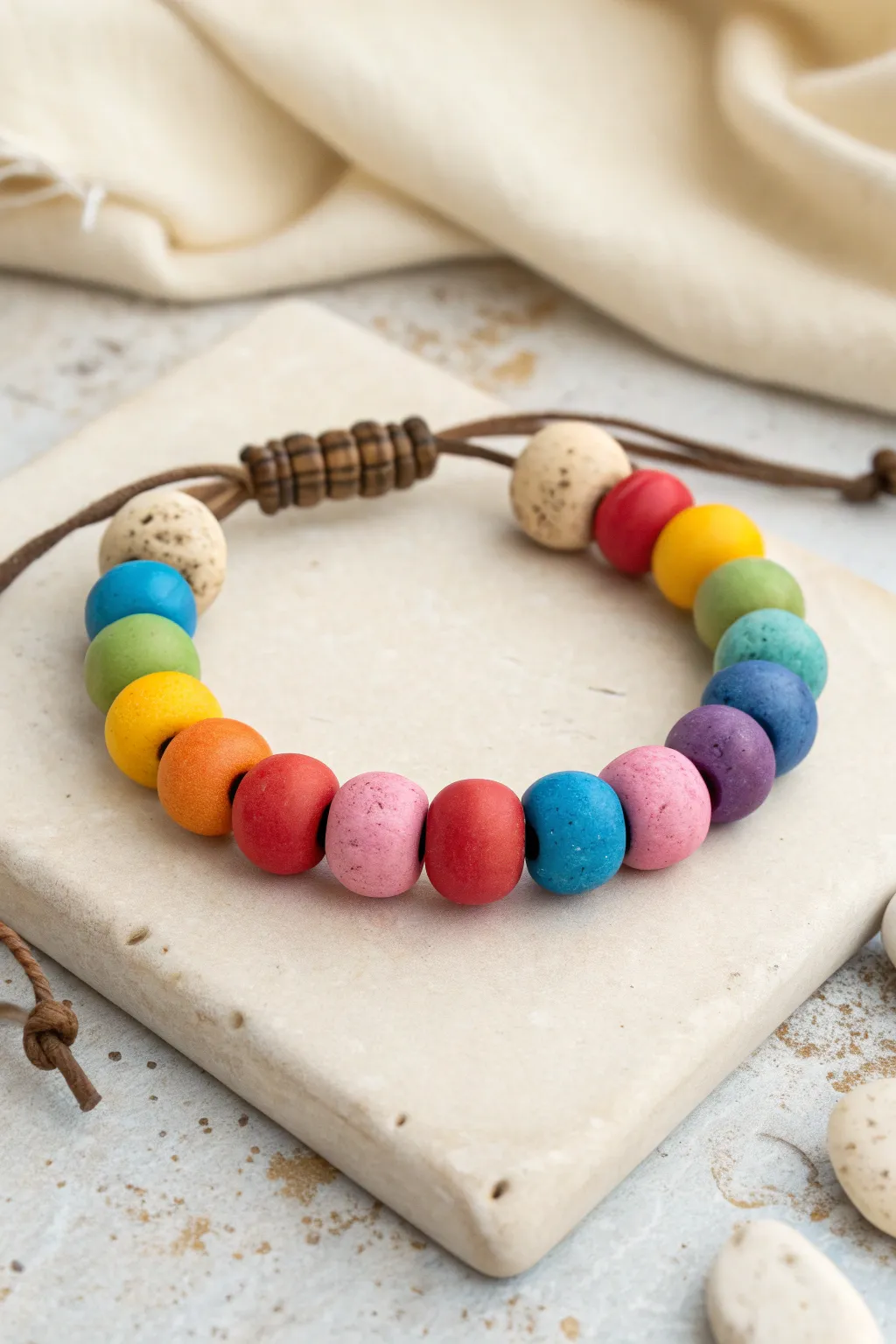 Chunky rainbow clay bead bracelet with bold color blocks, minimalist boho styling