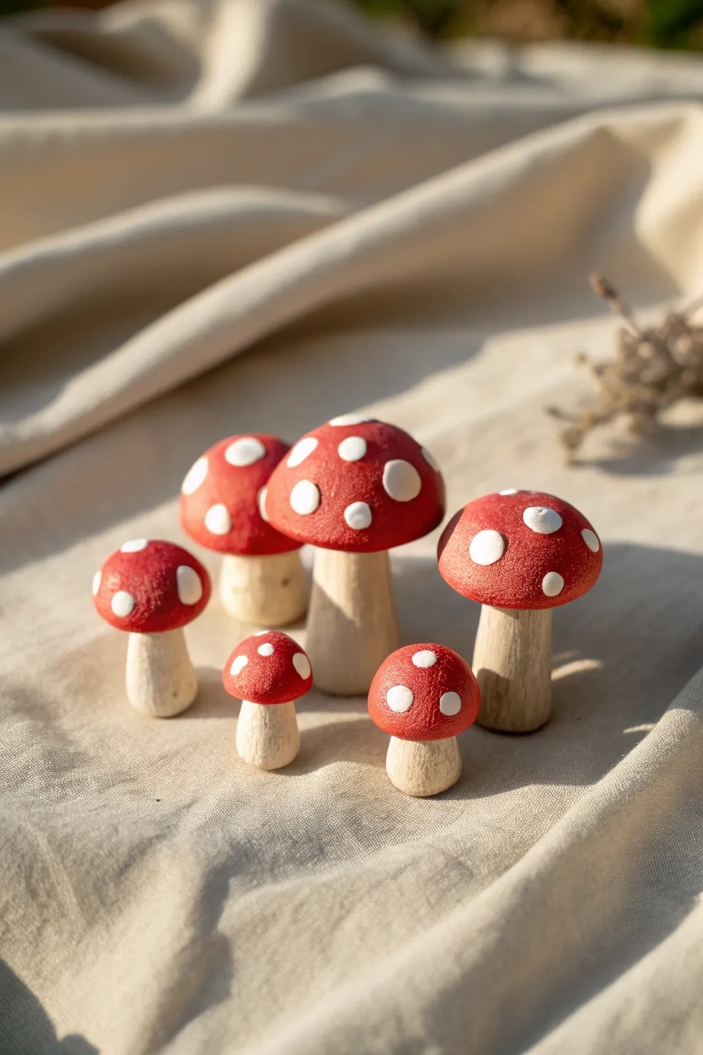 Chunky mini clay mushrooms in a tiny forest cluster, simple patterns, warm minimalist styling
