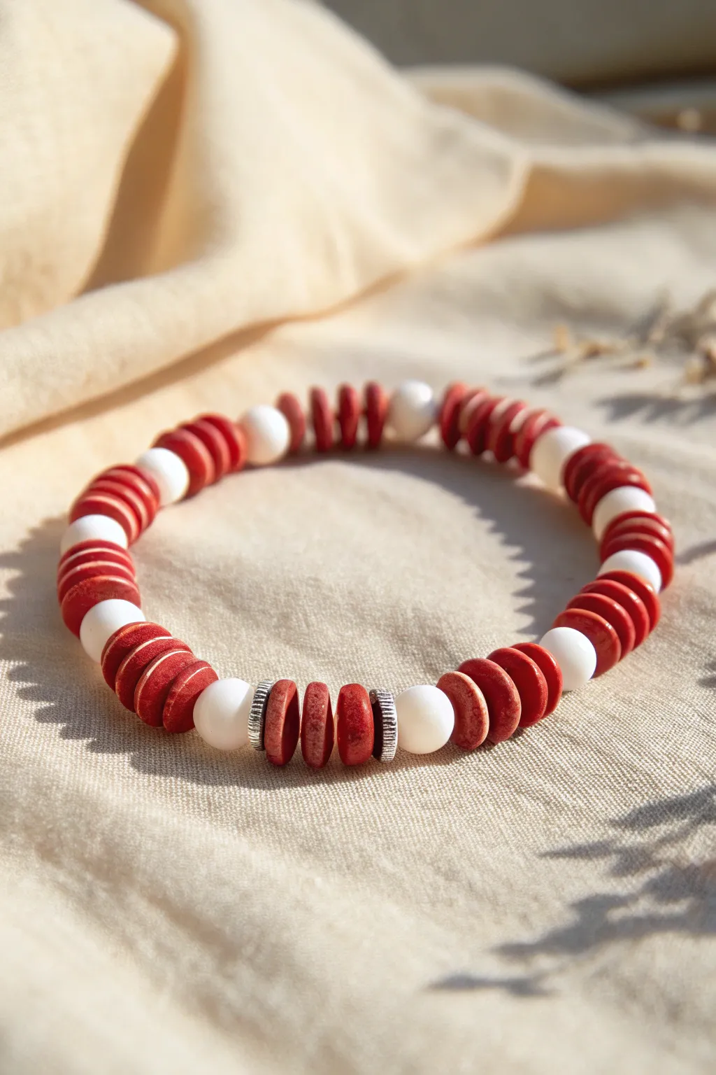 Candy-stripe charm: matte red and crisp white clay disc beads on a clean minimalist bracelet.