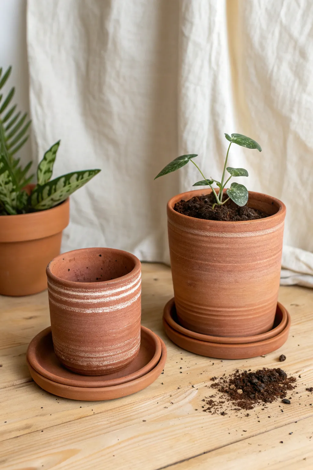 Minimal terracotta pots with matching saucers, styled with a small plant and soft natural light
